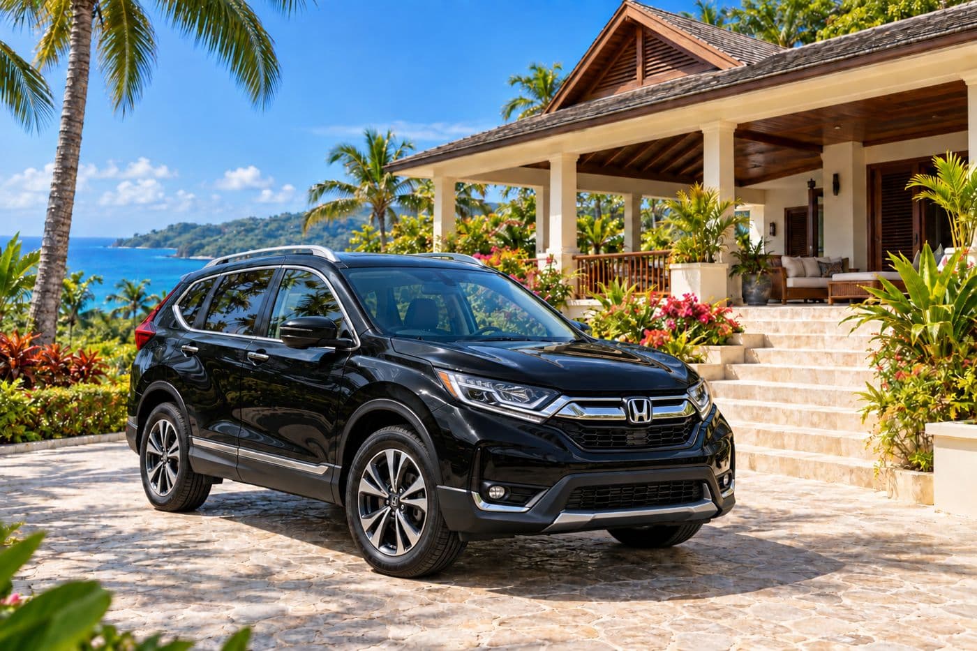SUV parked at a Tobago villa with the sea behind