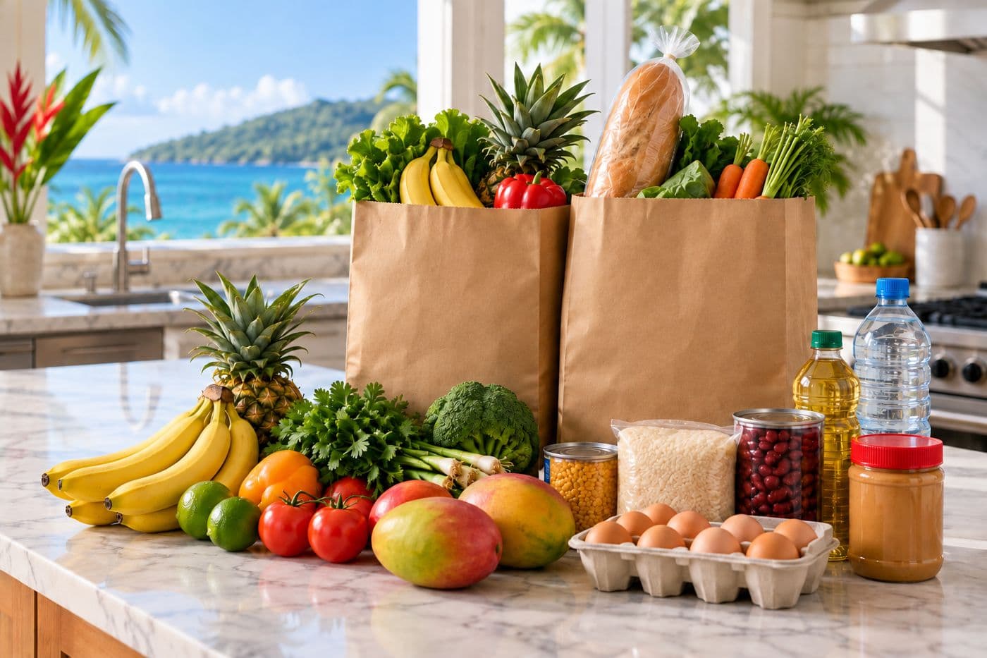 Bags of fresh groceries and tropical fruit on a villa kitchen counter